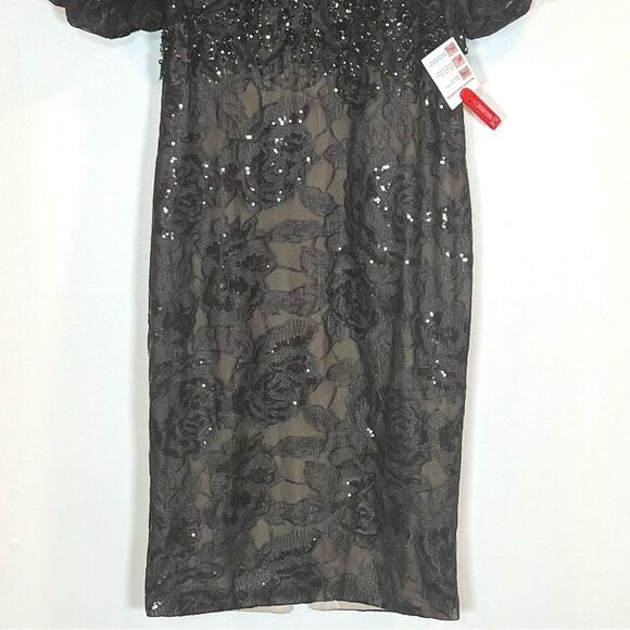 $598 Mac Duggal 12440 Size 10 Black Floral Lace Puff Sleeve V-Neck Midi Dress - Picture 7 of 11